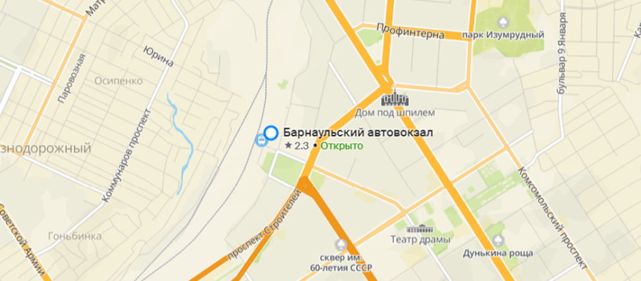 Расположение автовокзала в Барнауле на карте